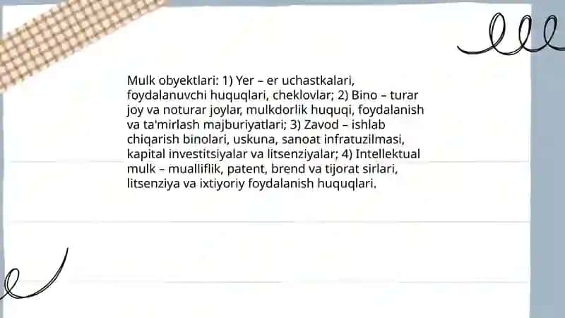O‘zbekistonda amal qilayotgan mulk shakllari mulkobyektlari, subyektlari, mulkni davlat tasarrufidanchiqarish va xususiylashtirishning maqsadi yo‘llari va usullari 4