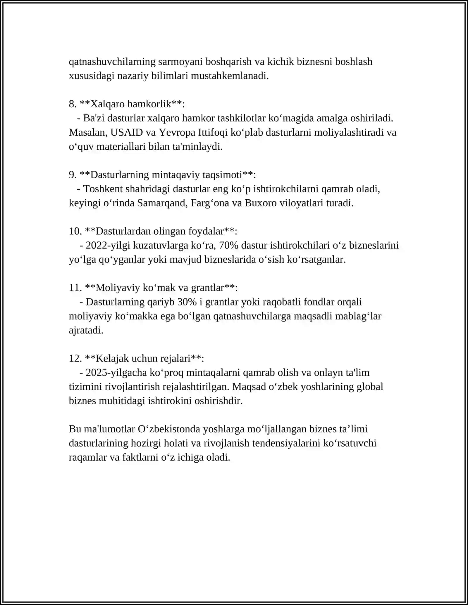 YOSHLARNI BIZNES SOHASIGA JALB QILISH DASTURLARI 4
