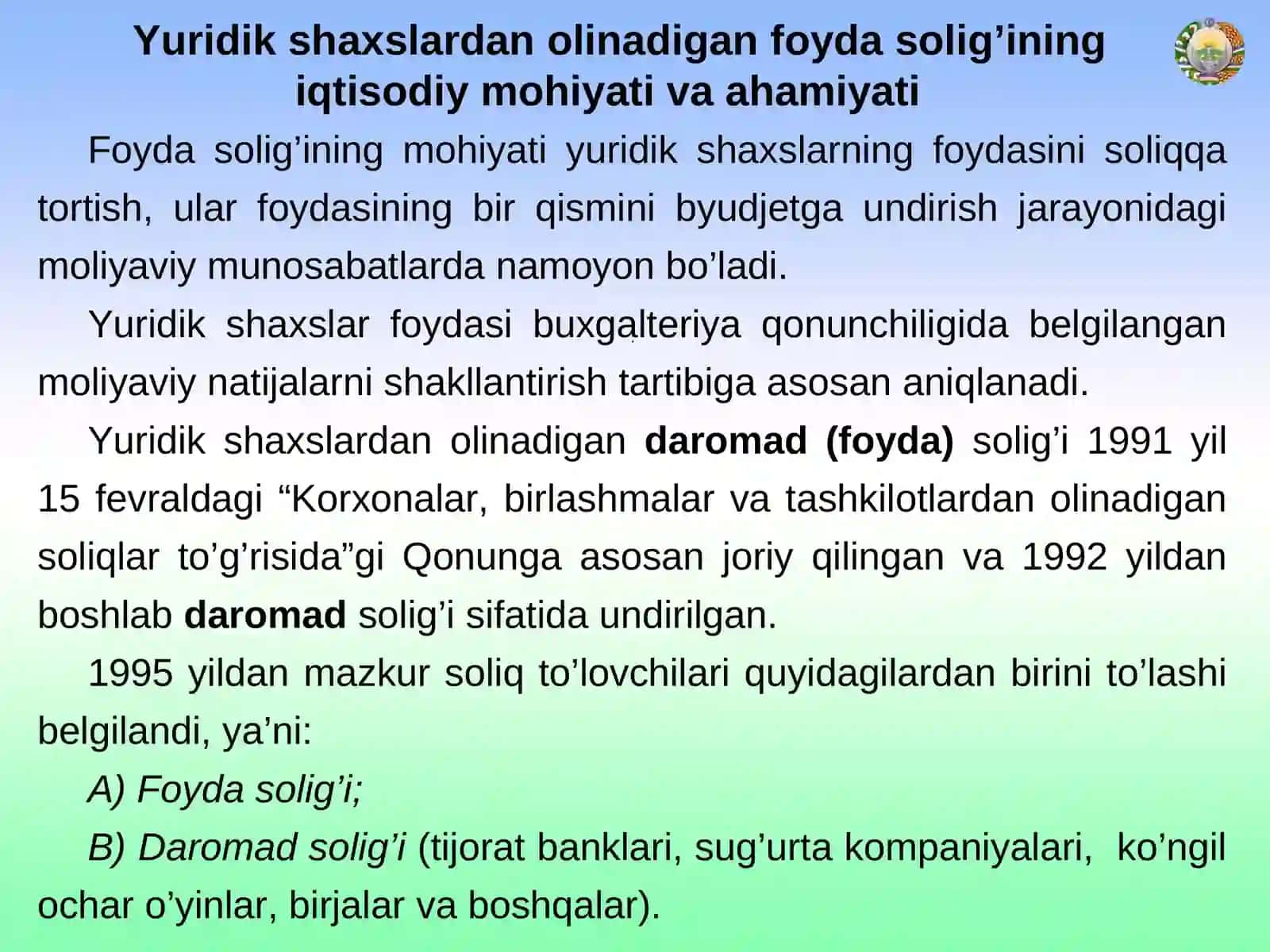 YURIDIK SHAXSLARDAN OLINADIGAN FOYDA SOLIG‘I 4