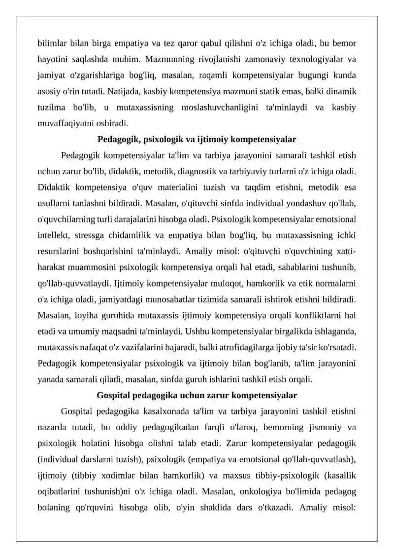 Kasbiy kompetensiyalar va gospital pedagog sifatida o‘qituvchining roli 4