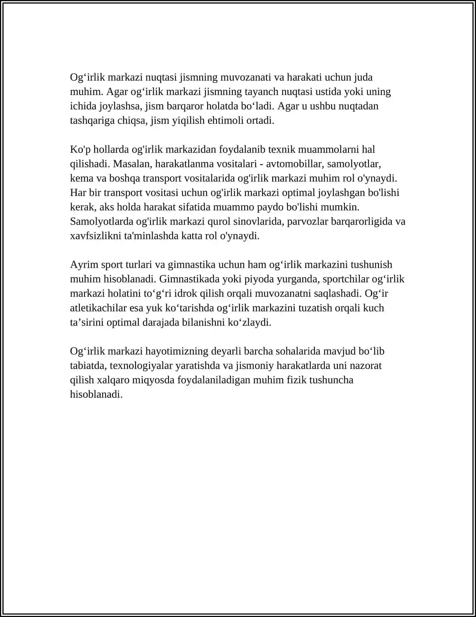 QATTIQ JISMLARNING OGʻIRLIK MARKAZINI ANIQLASH USULLARI 4