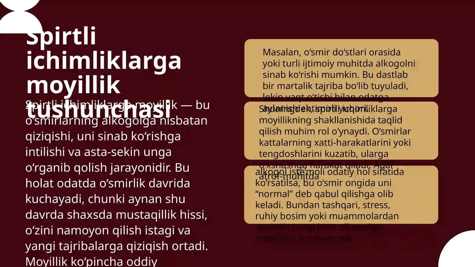 Spirtli ichimliklar is'temol qilishga moyil o'smirlar bilan olib boriladigan ijtimoiy pedagogik faoliyat. 4