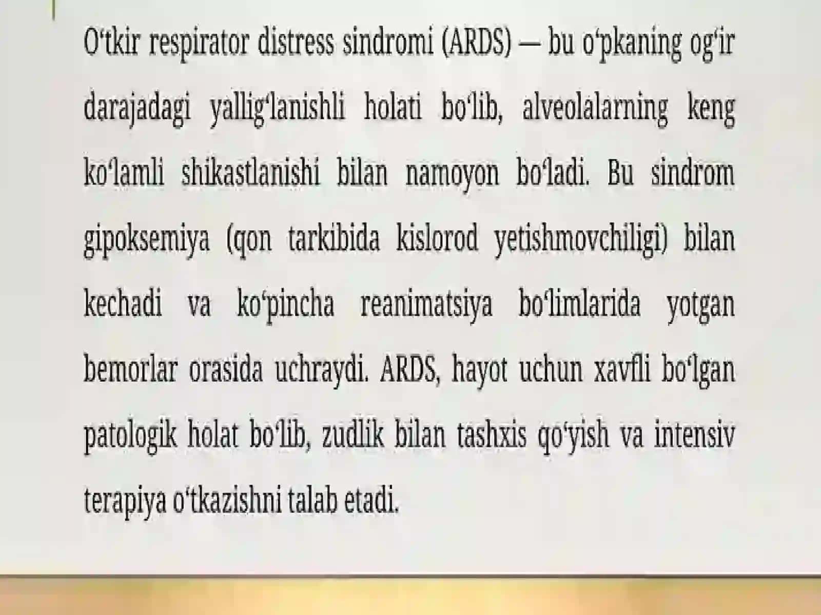O'pka patologiyasi. Tug'ma anomaliyalar. O'tkir respirator sindromi. 4