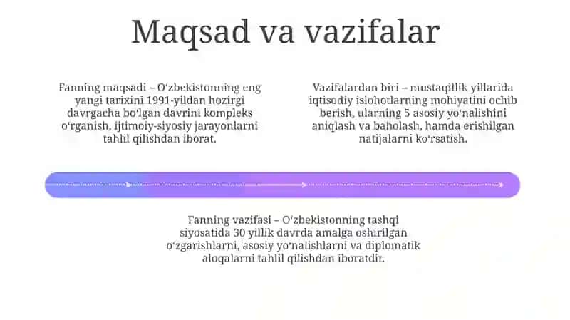 O'zbekistonning eng yangi tarixi o'quv fanining predmeti maqsadi va vazifalari 4
