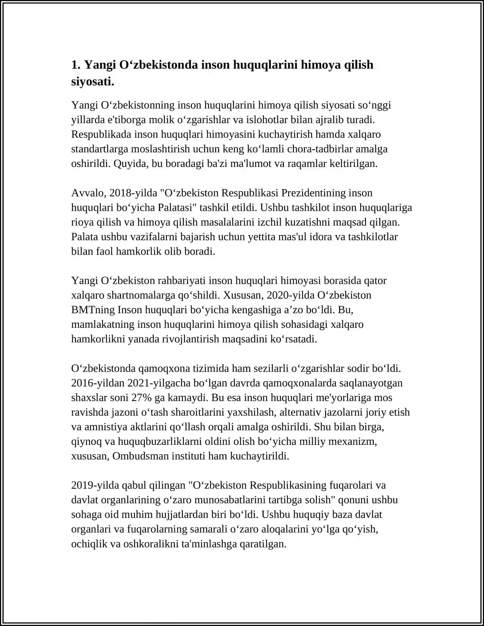 YANGI OʻZBEKISTONDA INSON HAQ-HUQUQLARI VA ERKINLIKLARI KAFOLATINING YARATILISHI 4