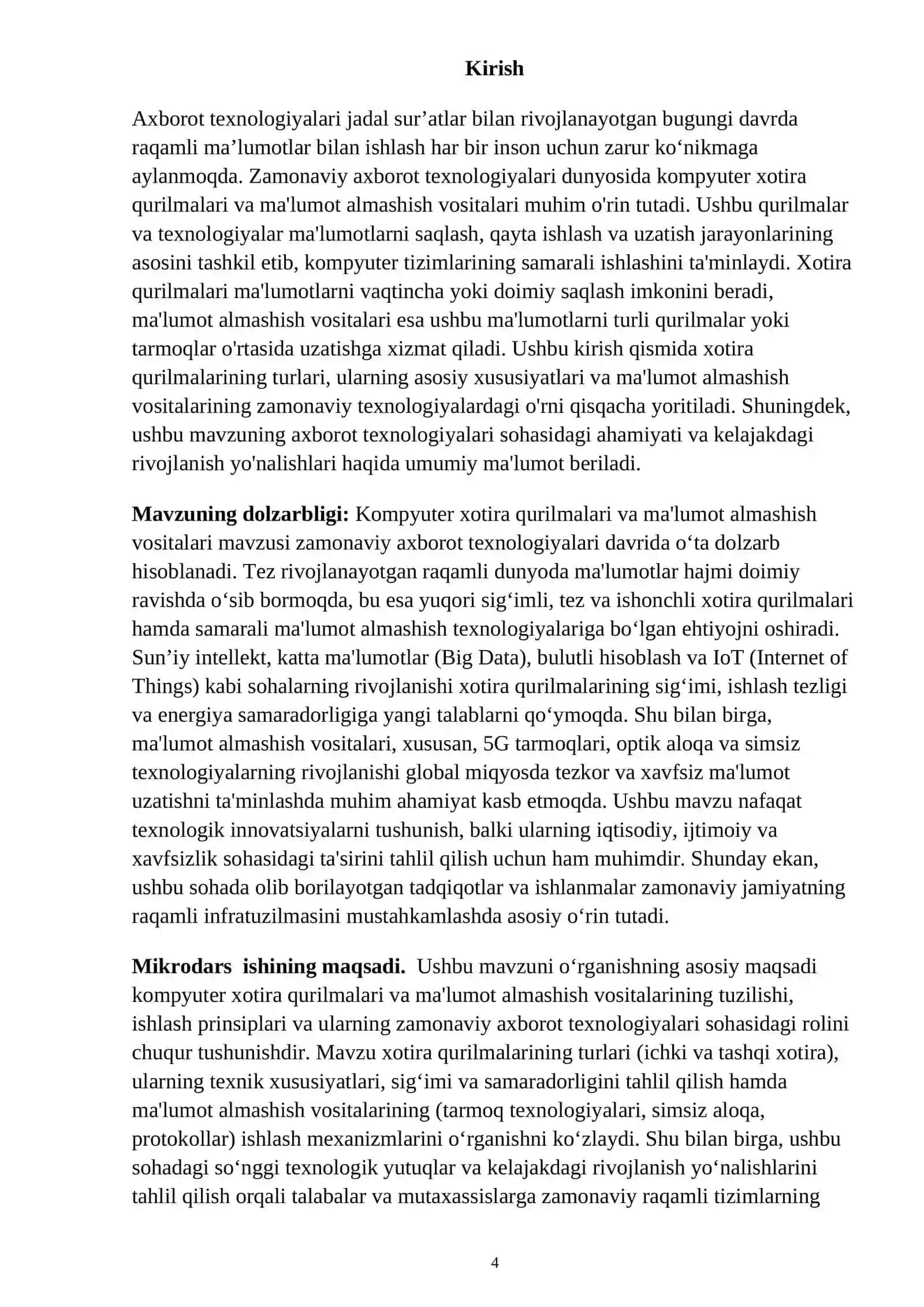 “Komyuter xotira qurilmalari va ma’lumotn almashish vositalari” MIKRODARS ISHLANMASI 4