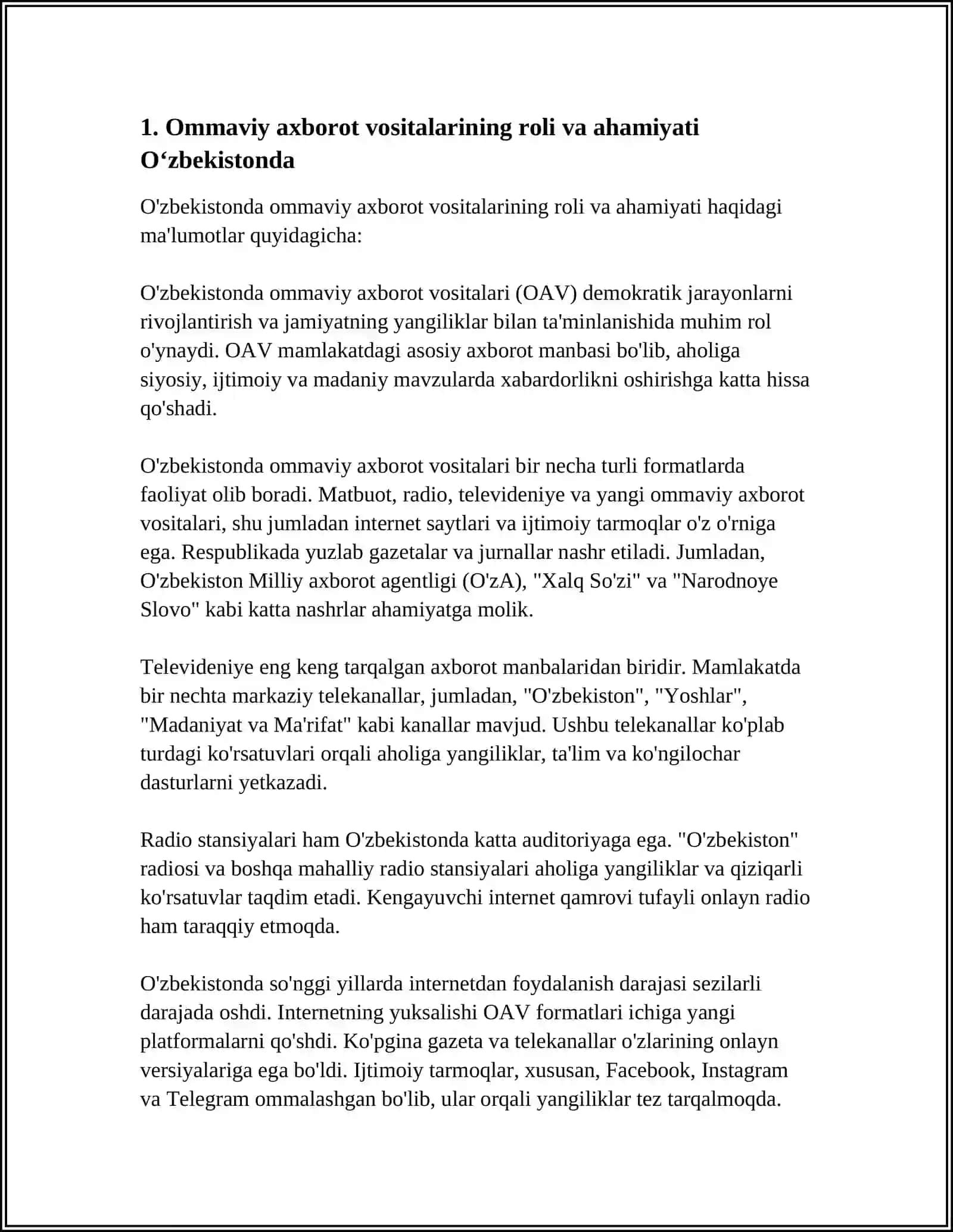 O‘zbekiston Respublikasida Ommaviy Axbarot Vositalarining Faoliyati 4
