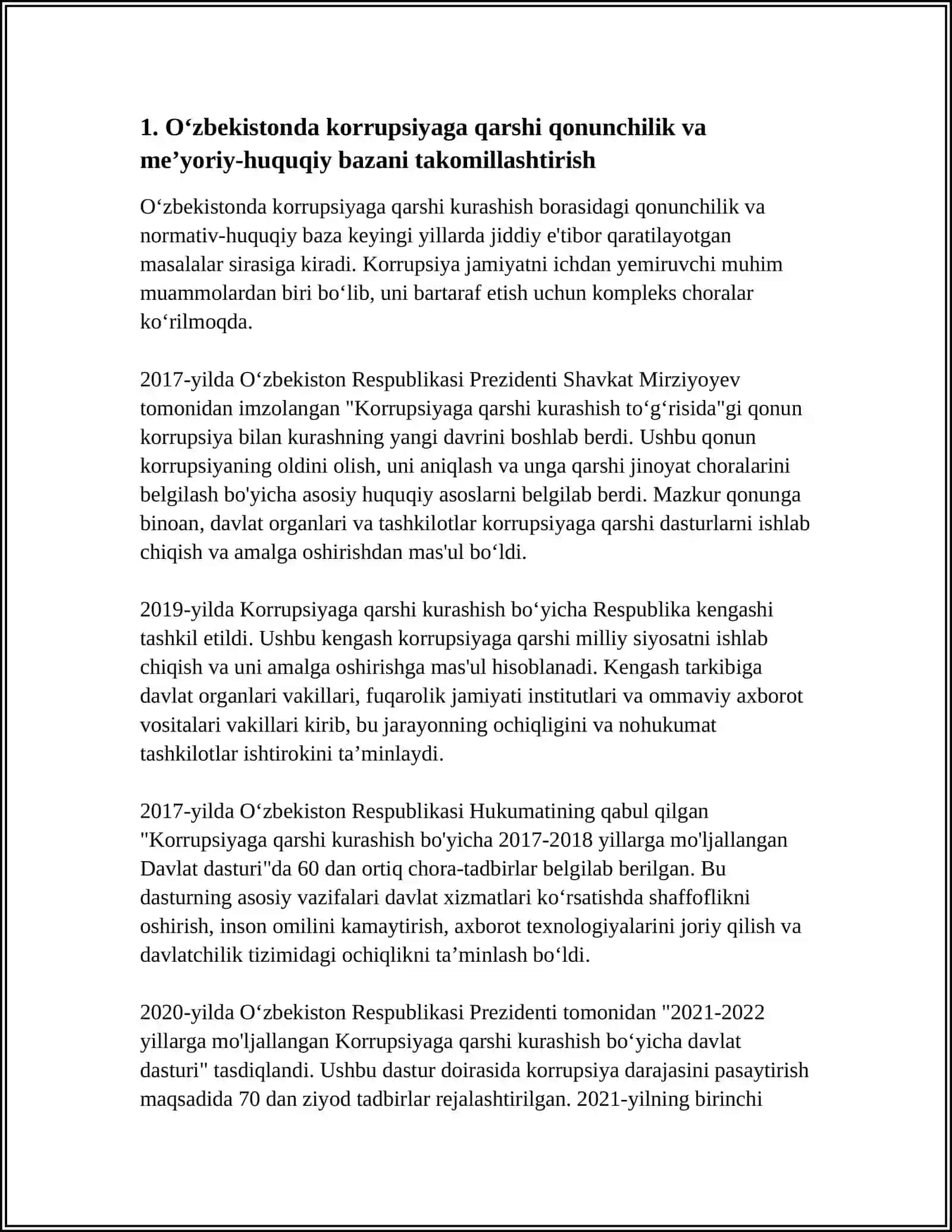 Oʻzbekistonda korrupsiyaga qarshi kurashish chora tadbirda 4