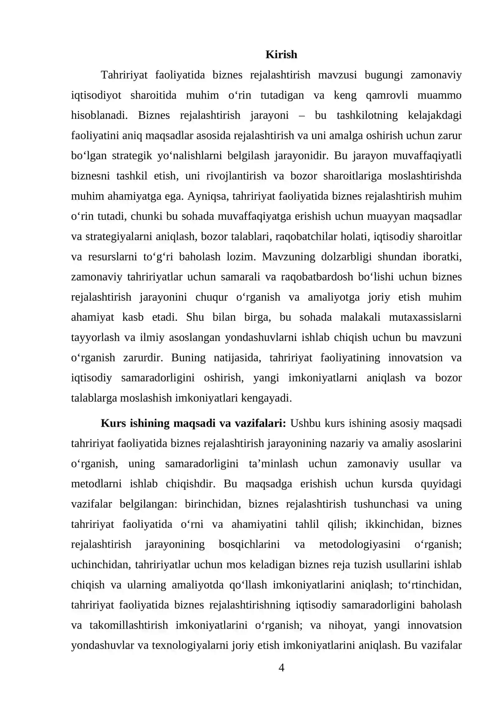 TAHRIRIYAT FAOLIYATIDA BIZNES REJALASHTIRISH FANIDAN TAYYORLAGAN KURS ISHI 4