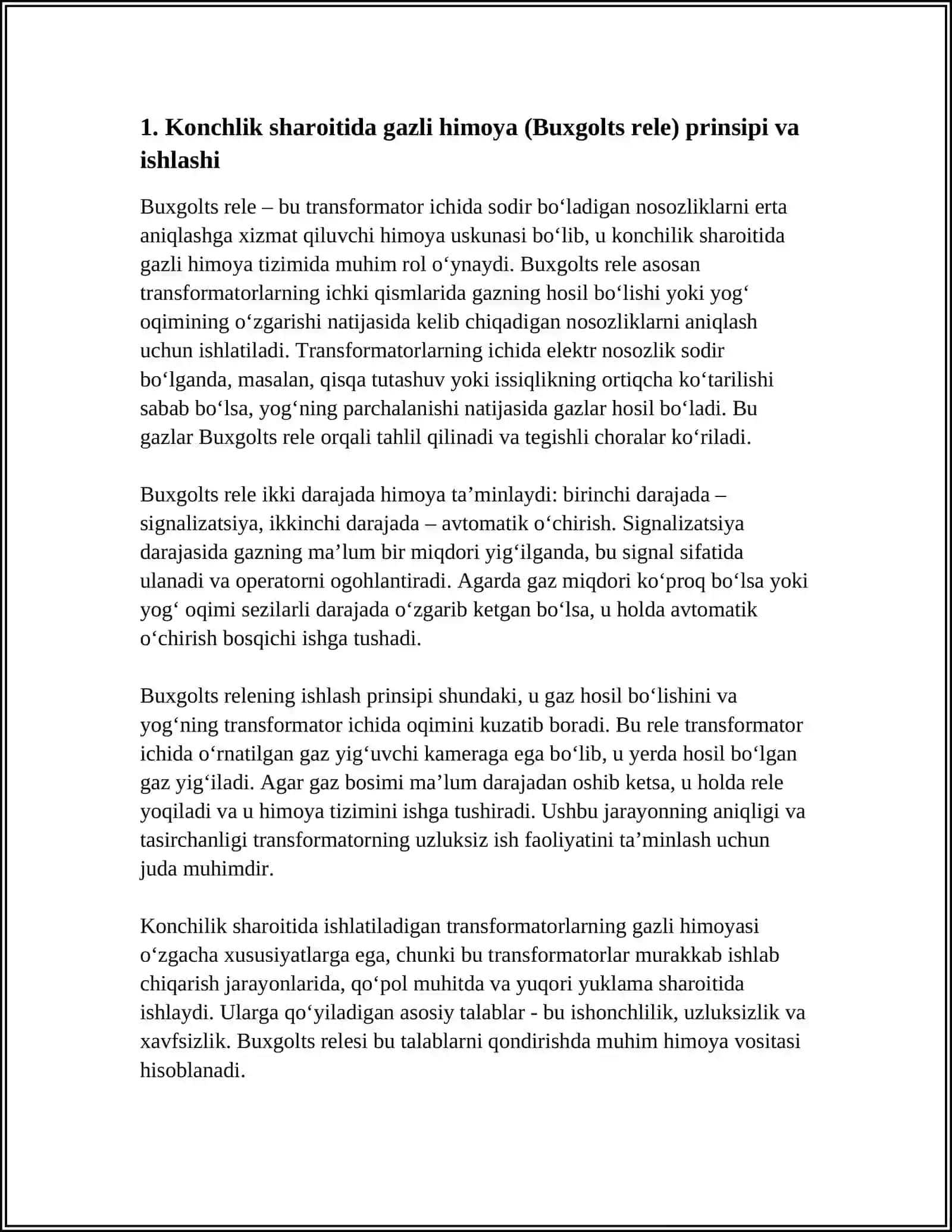 KONCHLIK ISHIDA TRANSFORMARTORNING GAZLI HIMOYASINING O'ZIGA XOSLIGI PATSTANSIYA SHINASINI HIMOYALAR. TRANSFORMATORLARNI MIKROPROSESORLI XIMOYASI 4