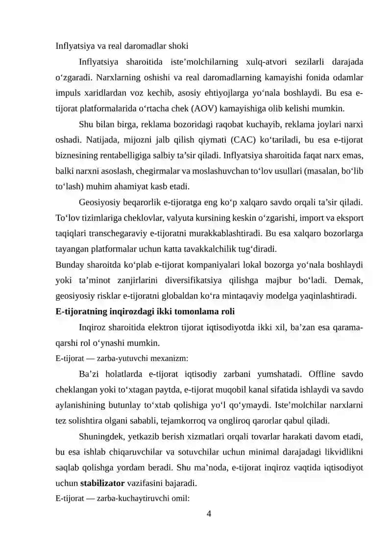 Inqirozli vaziyatlarning elektron tijorat samaradorligiga ta’sirini baholash - 2020 yil Koronavirus pandemiyasi misolida 4
