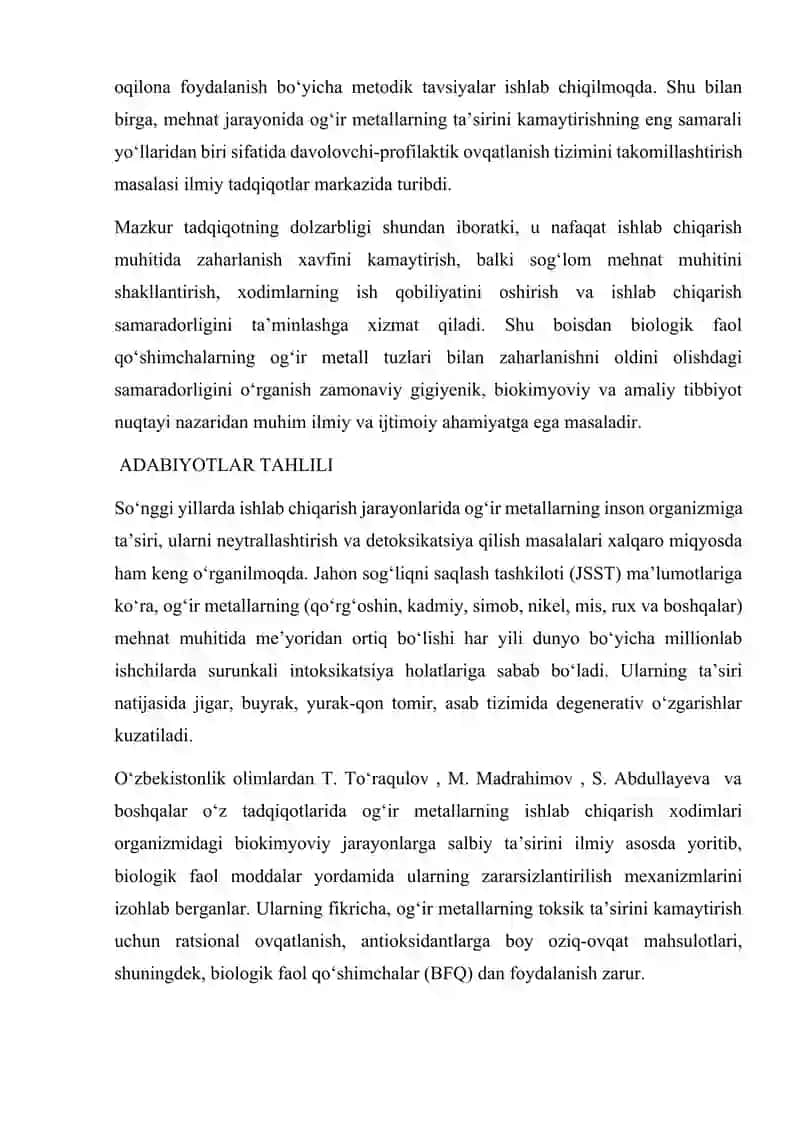 ISHLAB CHIQARISH MUHITIDA OG‘IR METALL TUZLARI BILAN ZAHARLANISHNING OLDINI OLISHDA BIOLOGIK FAOL QO‘SHIMCHALARNING SAMARADORLIGI 4