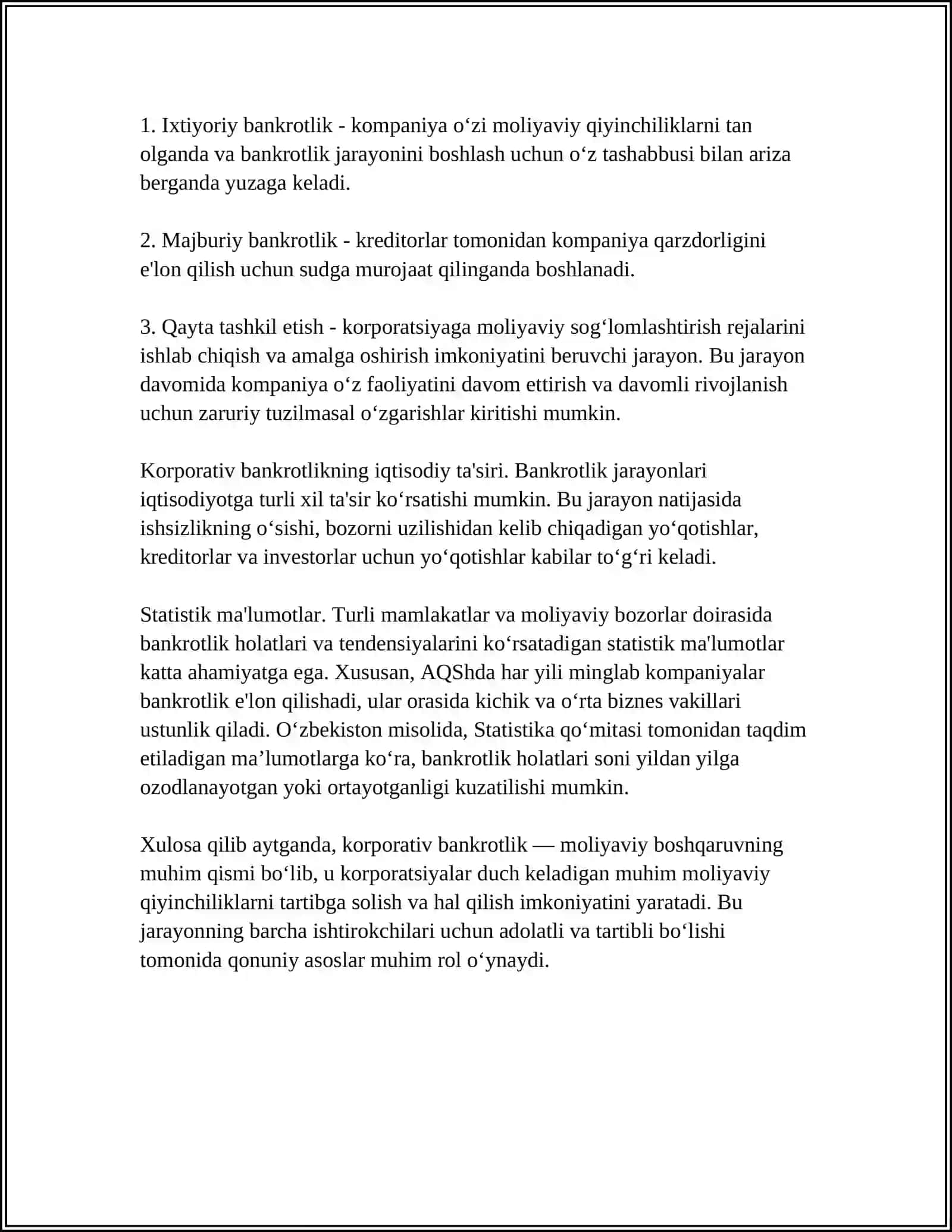 Korporatsiyalar Bankrotligi va Tugatilishi, Qayta Tashkil Etish 4