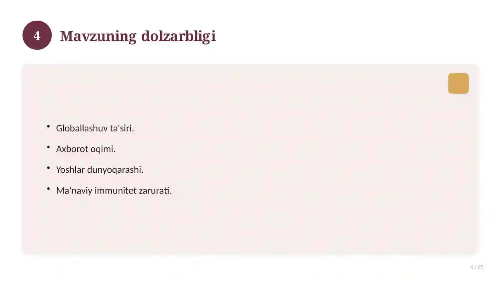 YOSHLARNING MA'NAVIY KAMOLOTGA YETKAZISHDA DINNING O‘RNI 4