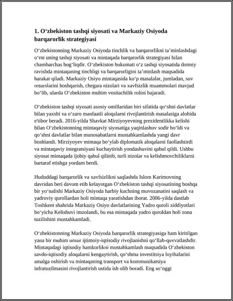 Oʻzbekistonning Markaziy OSIYODA TINCHLIK VA BARQARORLIKNI TA’MINLASHDAGI OʻRNI 4