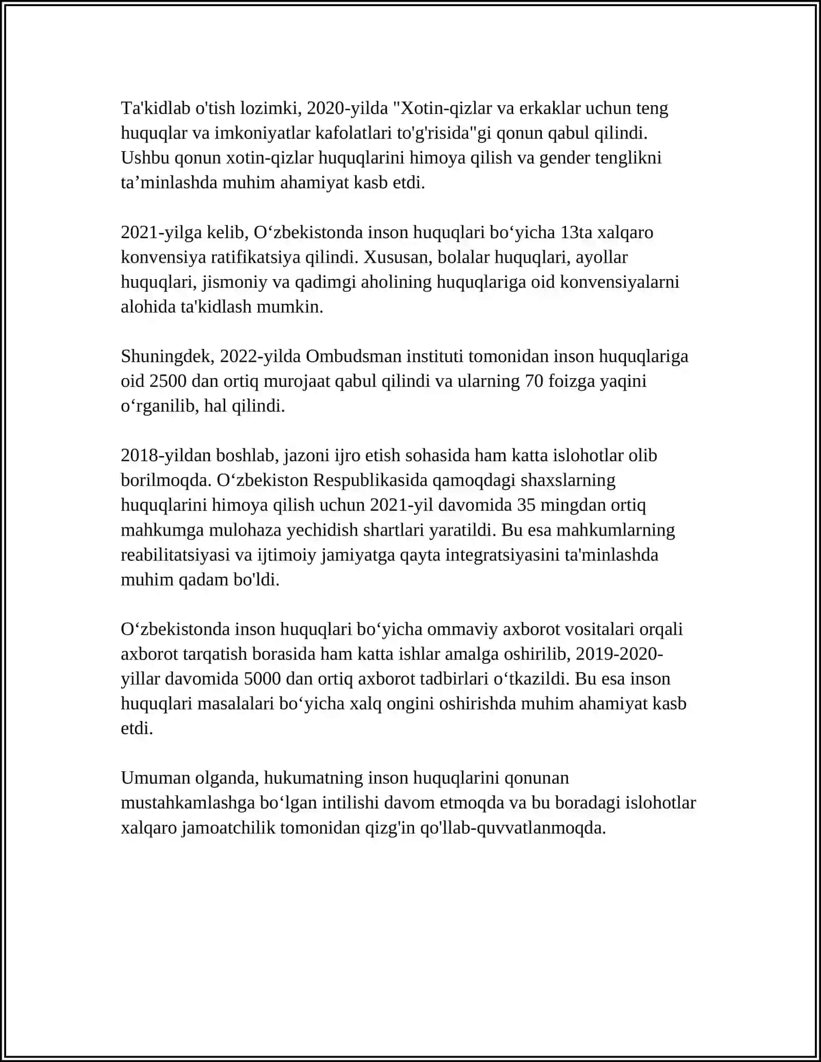 YANGI OʻZBEKISTONDA INSON HAQ- HUQUQLARI VA ERKINLIKLARI KAFOLATINING YARATILISHI 4