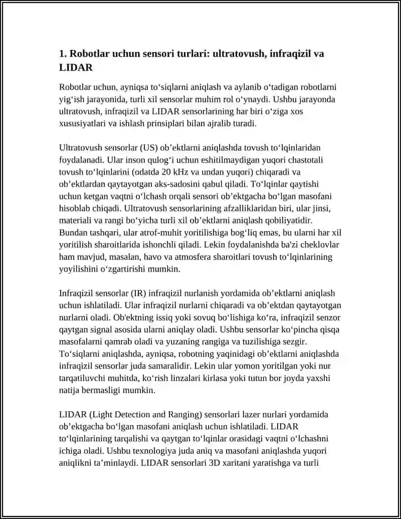 Robotlar uchun sensori turlari: ultratovush, infraqizil va LIDAR 4