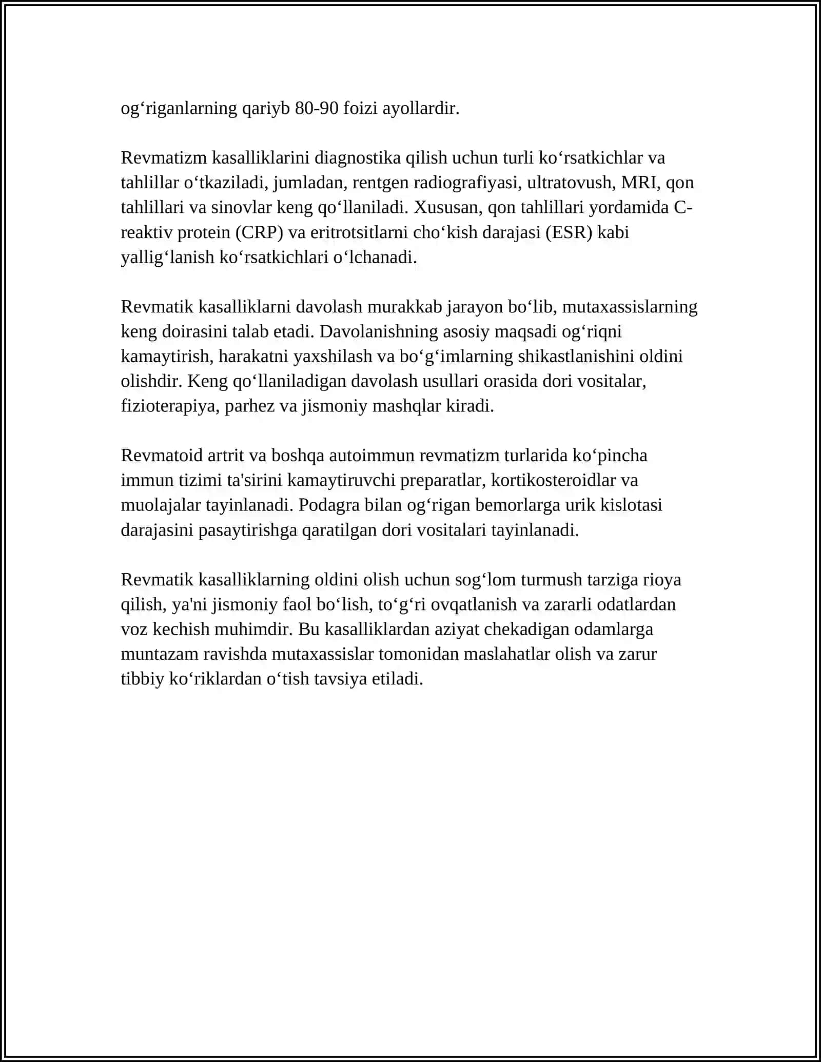 SUYAK MUSHAK VA BIRIKTIRUVCHI TOQIMA KASALLIKLARIDA HAMSHIRALIK ISHI REVMATIZIM RAVMATOID ARTRIT 4