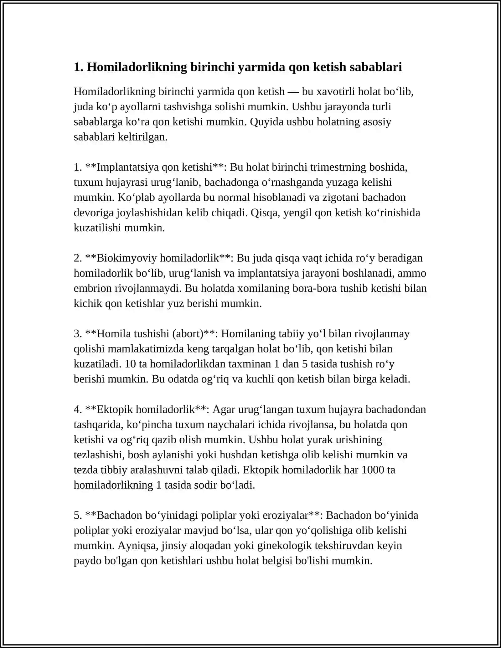 HOMILANING BIRINCHI YARMIDA QON KETISH.ABORTLAR.ABORTLAR TASNIFI O'Z-O'ZIDAN SODIR BO'LADIGAN ABORTLAR ETIOLOGIYAS.ABORTLAR KLINIKASI.HOMILADORLARNI TEKAHIRISH VA OLIB BORISH USULLARI.ABORTLARNING OLDINI OLISH 4