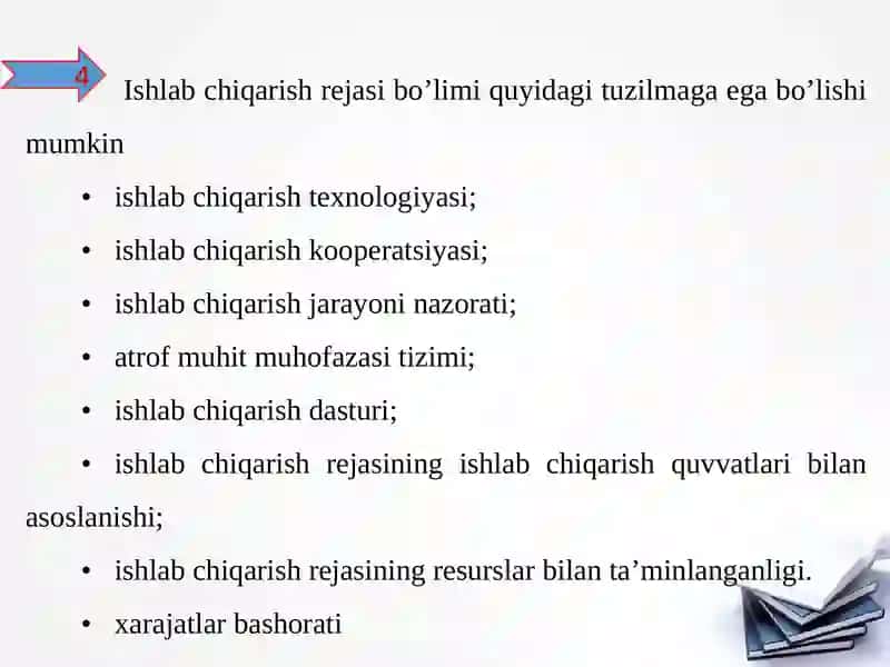Ishlab chiqarish rejasi tarkibi va ko’rsatkichlar tizimi 4