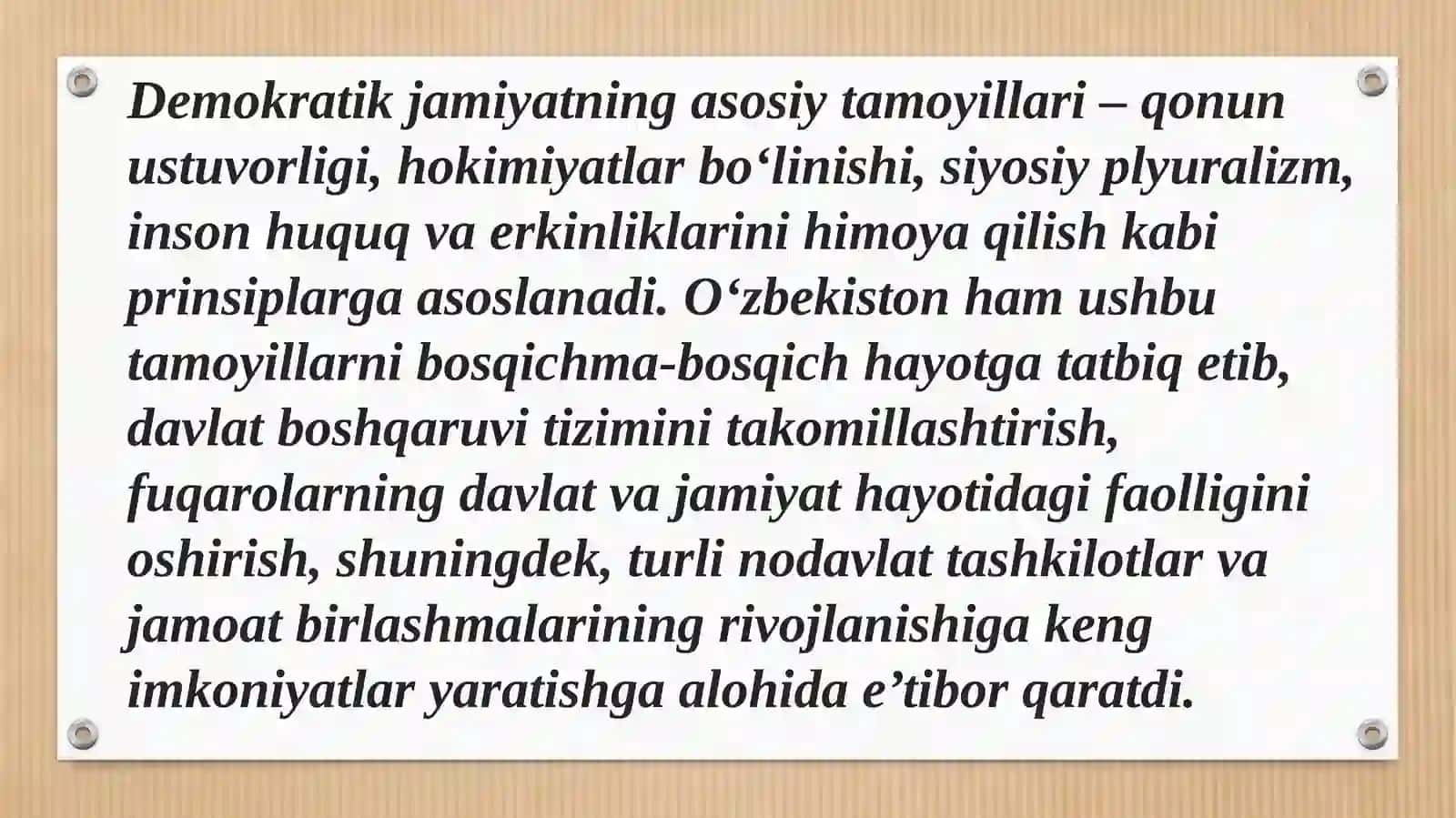 O’zbekistonda  demokratik,fuqarolik  jamiyati  asoslarining  shakllanishi, amalga   oshirilgan  siyosiy  islohotlar 4
