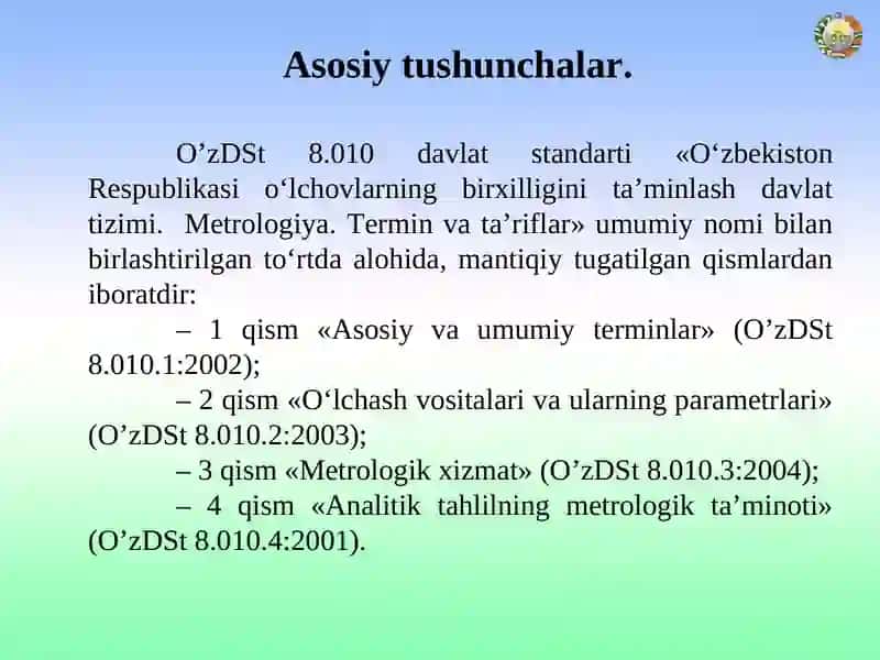 O‘zbekiston Respublikasi o‘lchovlarning birxilliginita’minlash davlat tizimi 4