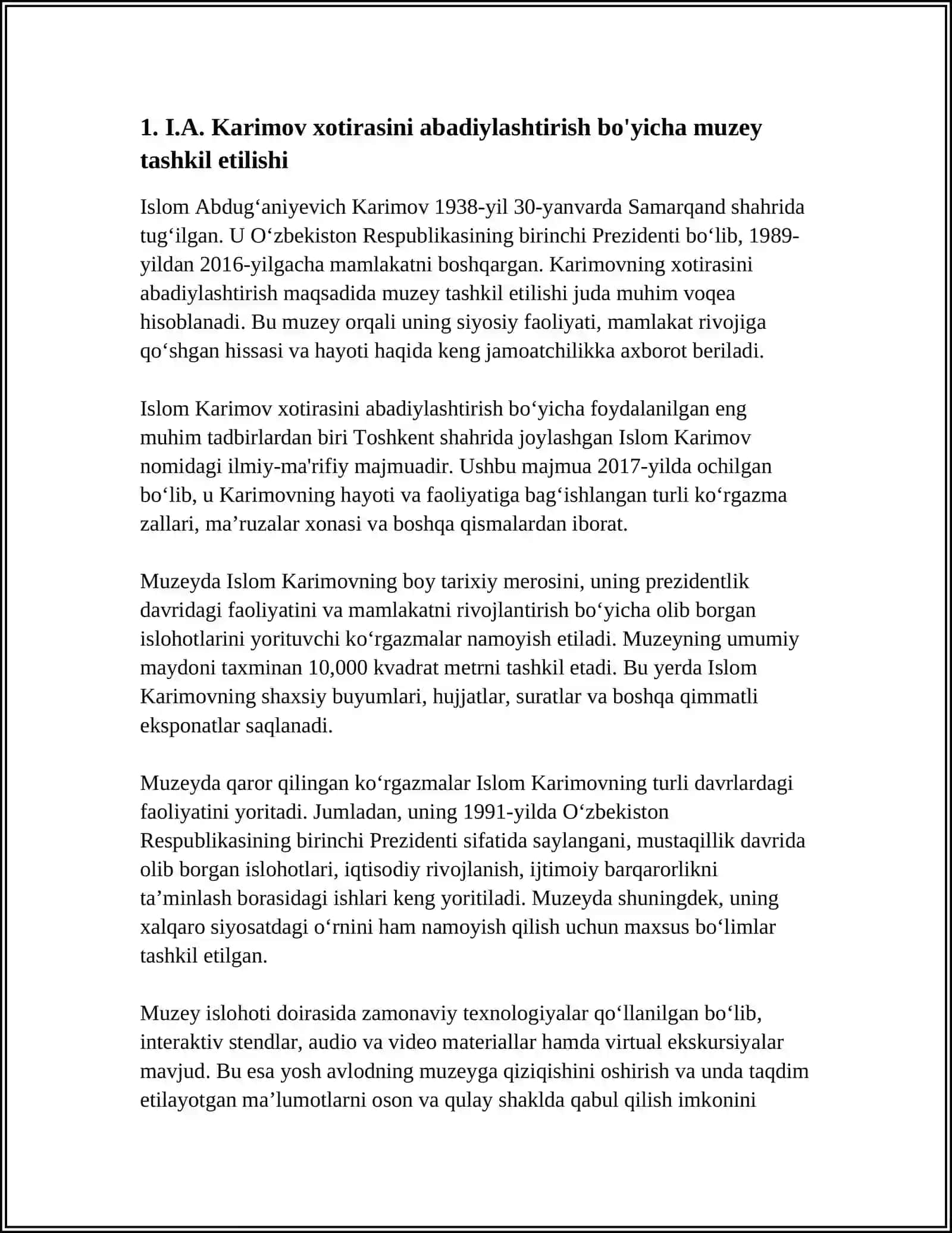 I.A. Karimovning xotirasini abadiylashtirish borasida amalga oshirilayotgan ishlar 4