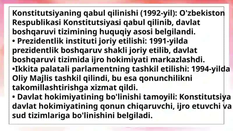 Mustaqillik yillarida davlat boshqaruvi  tizimida amalga oshirilgan islohotlar. Qishloqxoʻjaligi va sanoat sohasidagi õzgarishlar. O'zbekistonda inson huquqlari va erkinliklari kafolatining yaratilishi. Milliy xavfsizlikni taminlash borasida amalga oshirilgan 4
