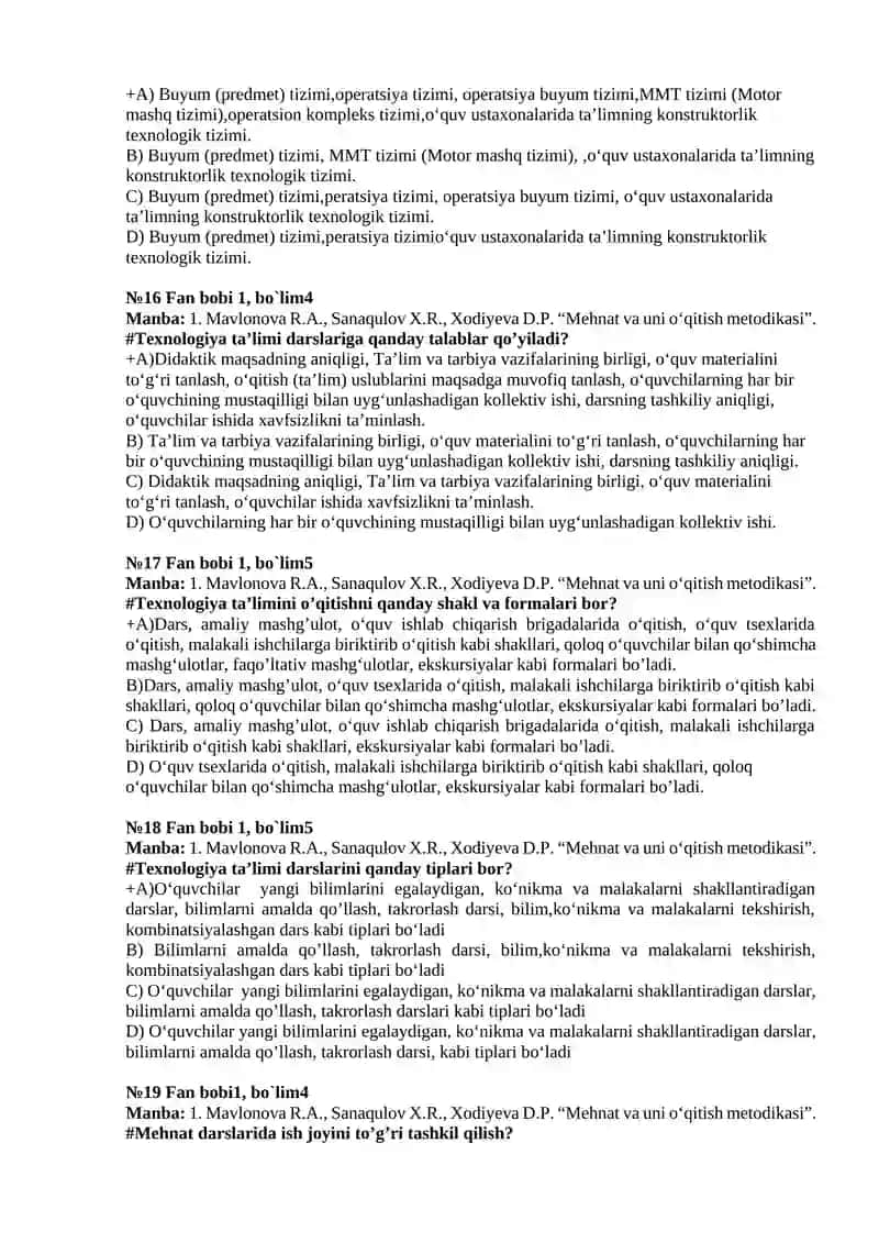 TEXNOLOGIYA VA UNI O`QITISH METODIKASI FANIDAN TEST SAVOLLARI 4
