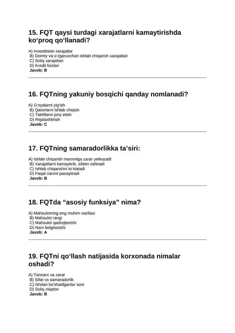 Funksional qiymatli tahlil. Uning ishlab chiqarish samaradorligini oshirish, ichki imkoniyatlarni aniqlashdagi roli Iqtisodiy tahlil fanidan 30ta test 4