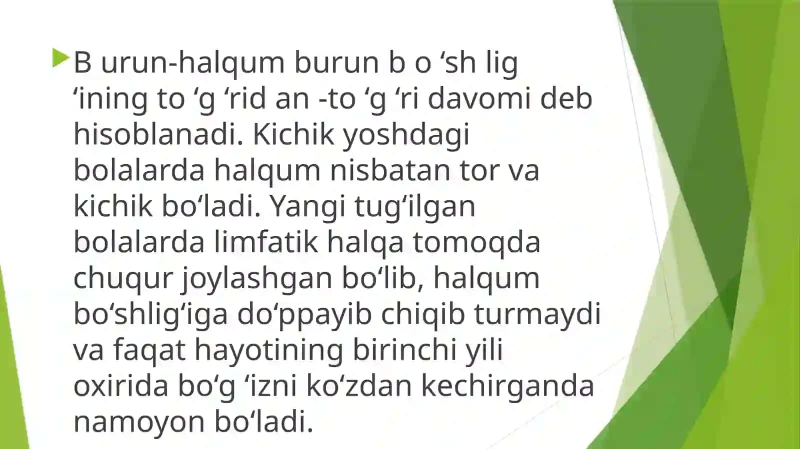 Yoshga doir og’iz bo’shlig’i, halqum, qizilo’ngach anatamo-fiziologik xususiyatlari 4