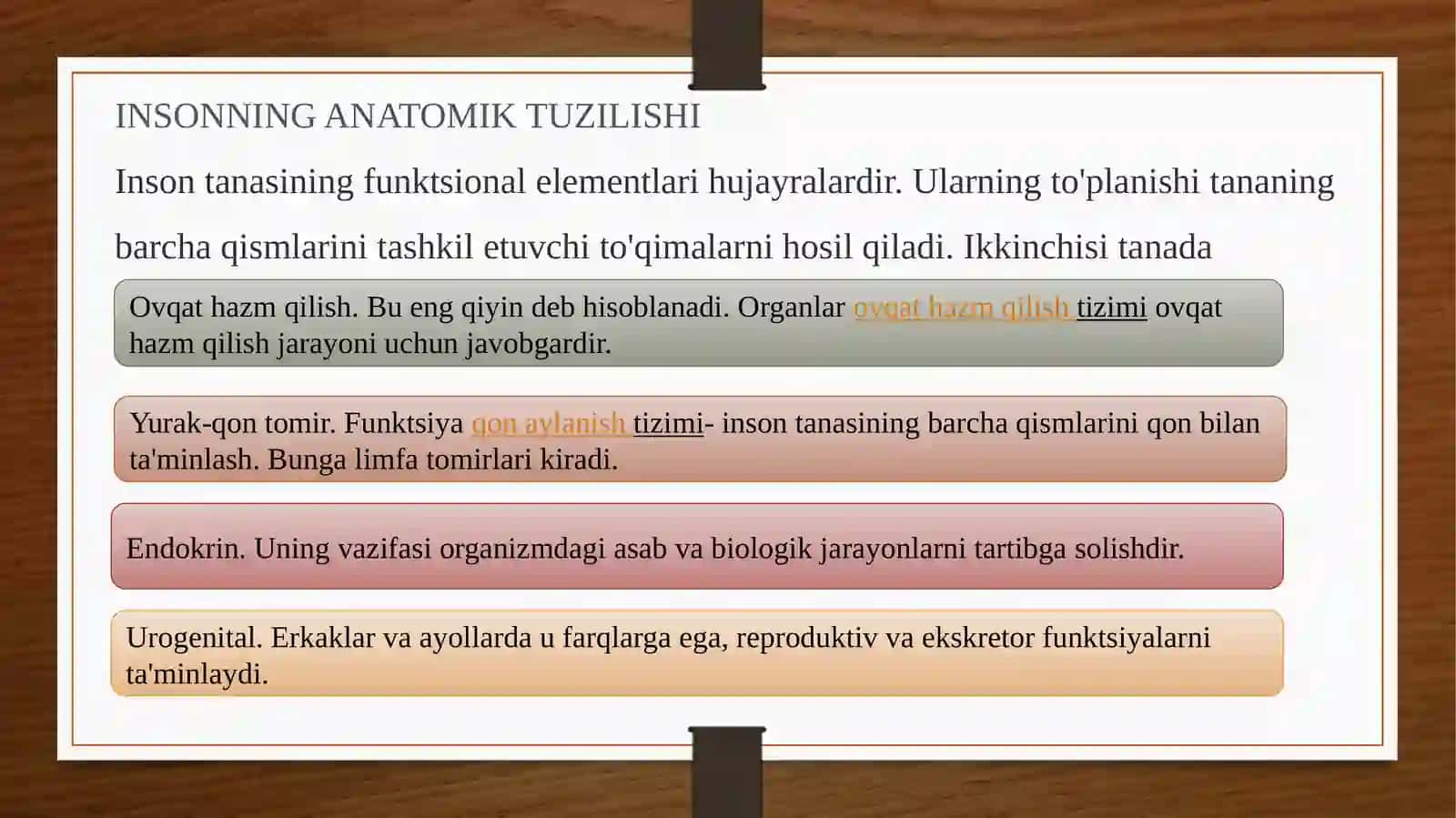 ICHKI ORGANLAR. ICHKI ORGANLARNING UMUMIY TA`RIFI, ULARNING TASNIFI. TANANING BO`YIN, KO`KRAK VA QORIN BO`SHLIG`IDAGI ORGANLAR 4