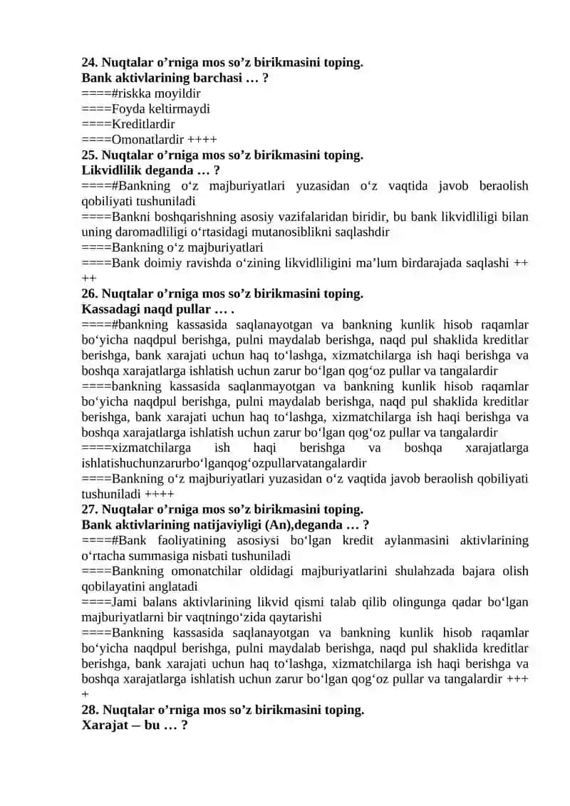 Banklarda buxgalteriya hisobi  fanidan test 220 ta 4