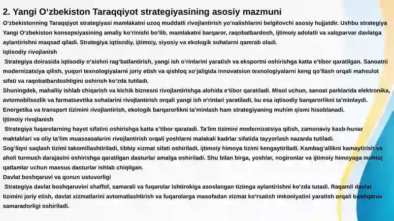 Yangi O'zbekiston tushunchasi  va uning mazmun mohiyati.Yangi O'zbekiston Taraqqiyot strategiyasining asosiy mazmuni.O'zbekiston-xalqchil,ijtimoiy davlat g'oyasining mohiyati 4