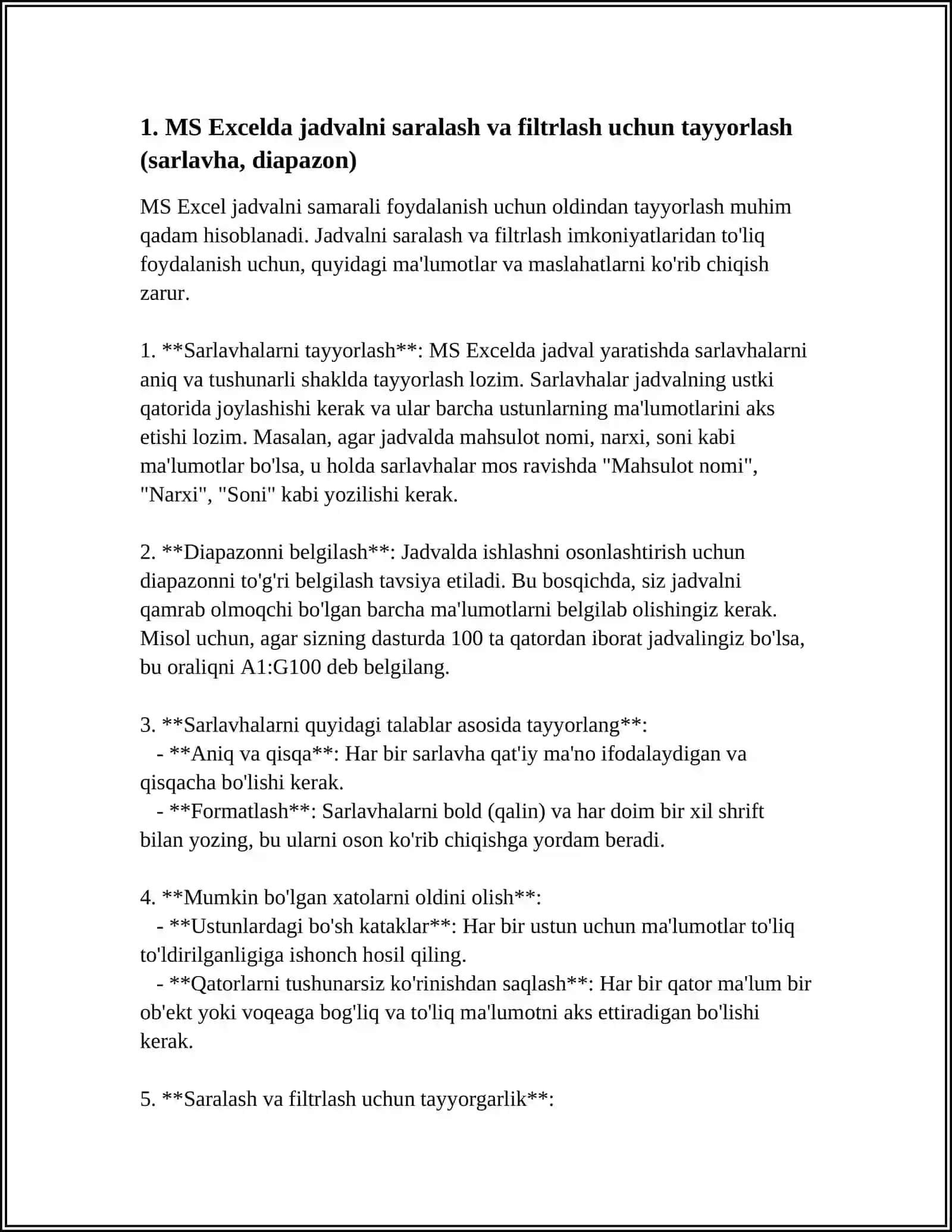 JADVAL MALUMOTLAR VA ULARNI QAYTA ISHLASH DASTURLARI MS-EXCELDA MALUMKTLARNJ SARALASH TARTIBLASH FILTIRLASH 4