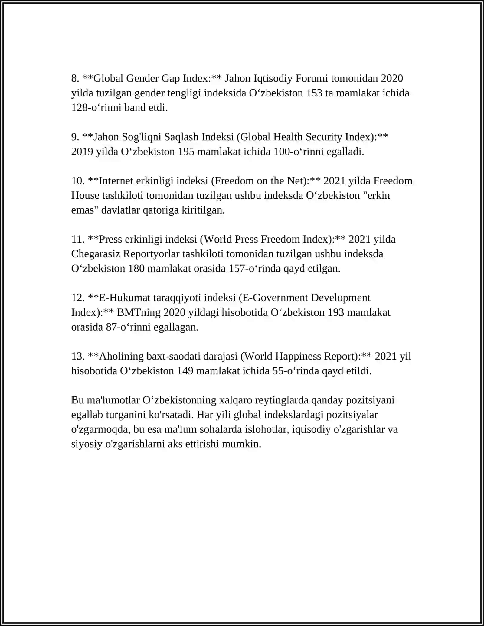 O‘ZBEKISTON RESPUBLIKASINING XALQARO REYTING VA INDEKSLARDAGI OʻRNI VA NUFUZINI ORTIB BORISHI 4