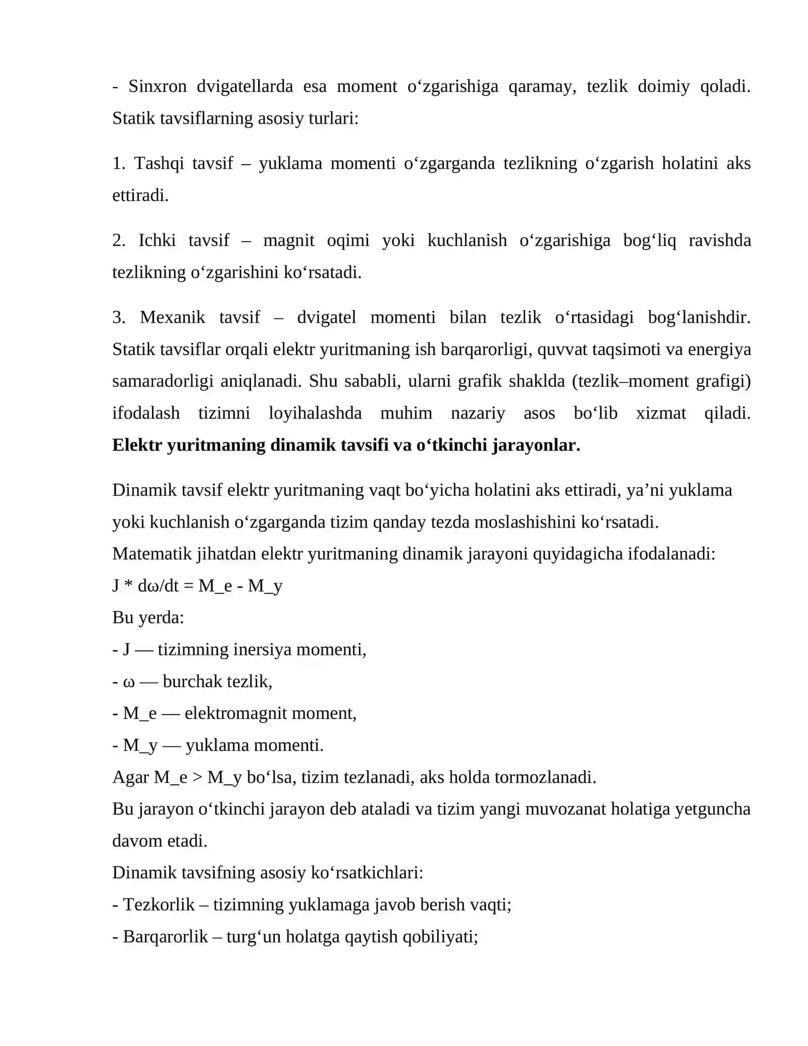 Elektr yuritmaning statik va dinamik tavsiflari 4