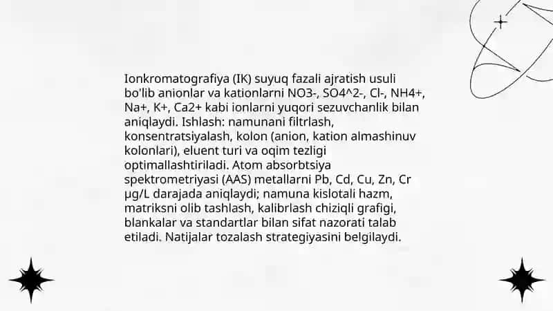 Tuproq va suvning ifloslanishida ion bog'lanishli birikmalarni aniqlab,ulardan tozalash usulini ishlab chiqish 4