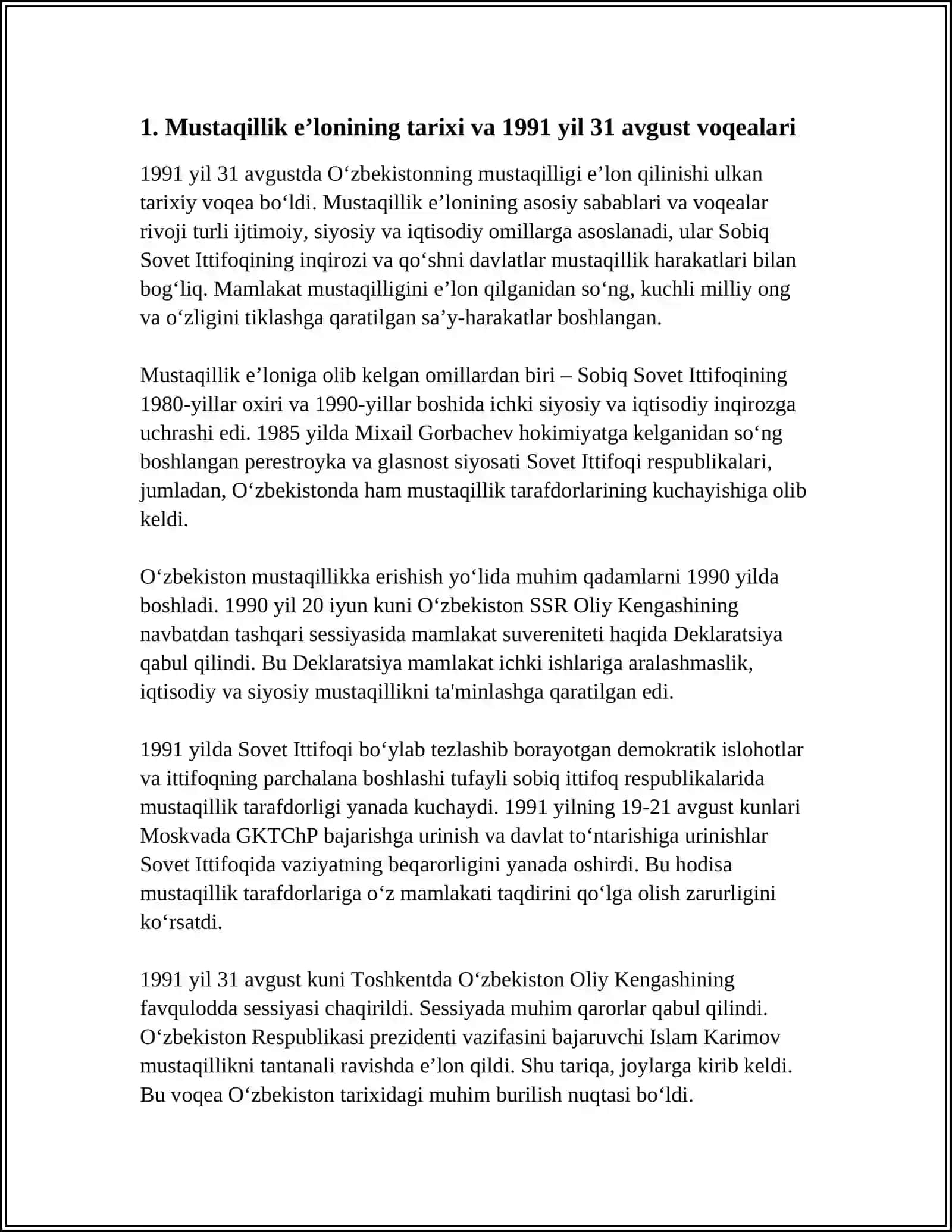 MUSTAQIL O‘ZBEKISTON RESPUBLIKASI TASHKIL TOPISHINING TARIXIY AHAMIYATI. O‘ZBEKISTONNING O‘ZIGA XOS ISTIQLOL VA TARAQQIYOT YO‘LI 4