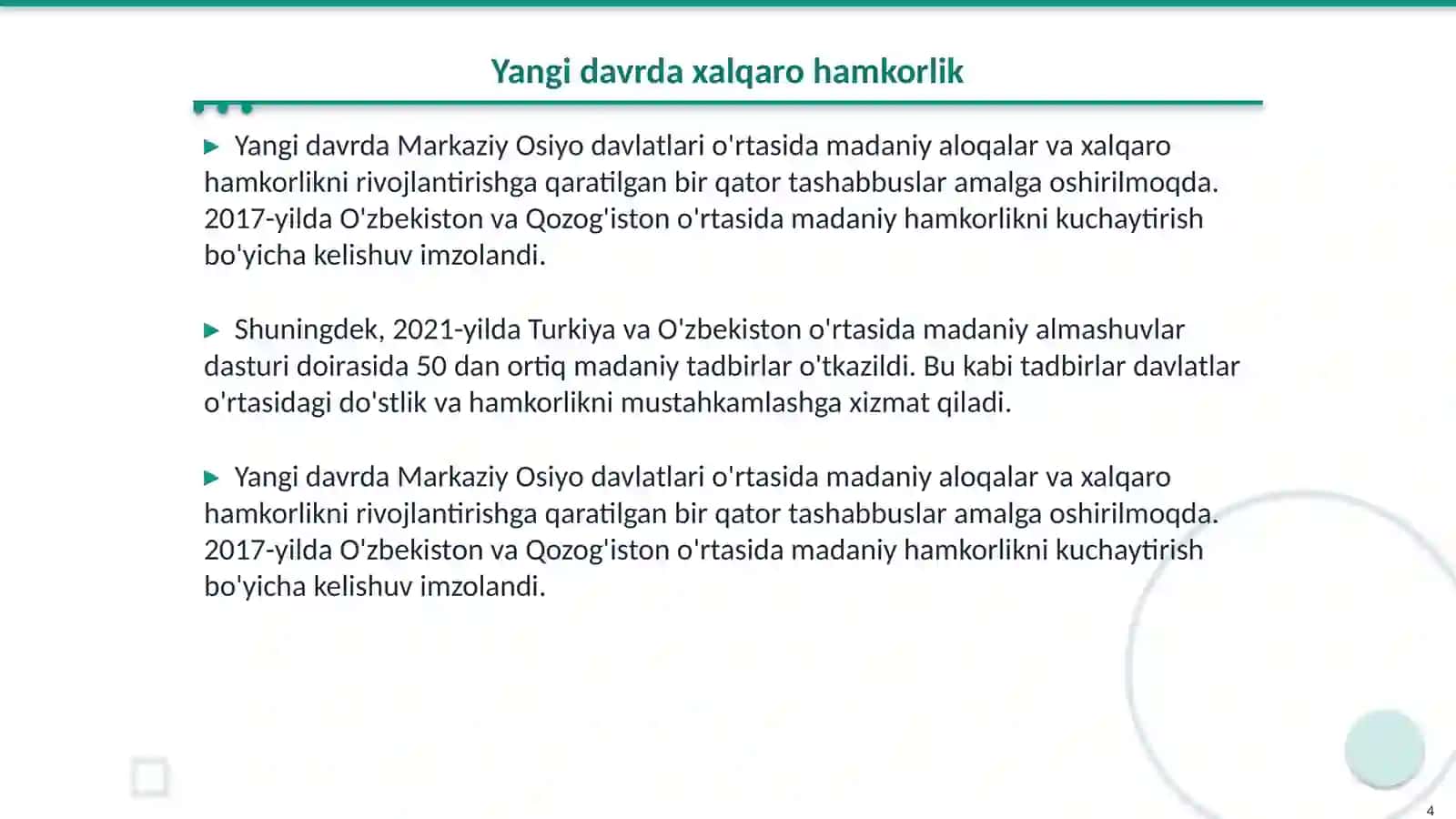 Markaziy Osiyo xalqaro madaniy aloqalarining yangi davri xavfsizlik va rivojlanish 4