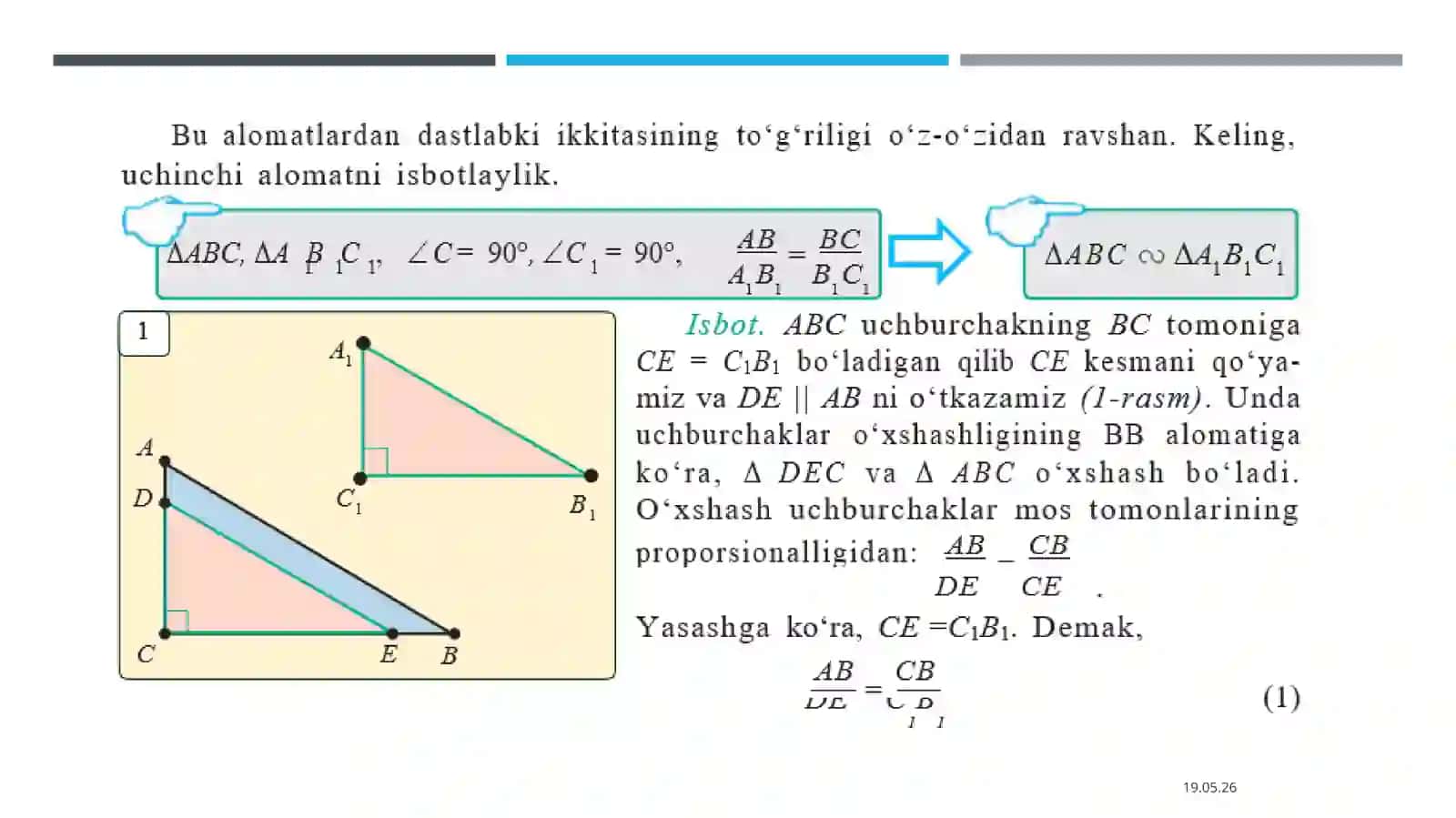TOʻGʻRI BURCHAKLI UCHBURCHAKLARNING OʻXSHASHLIK ALOMATLARI 4