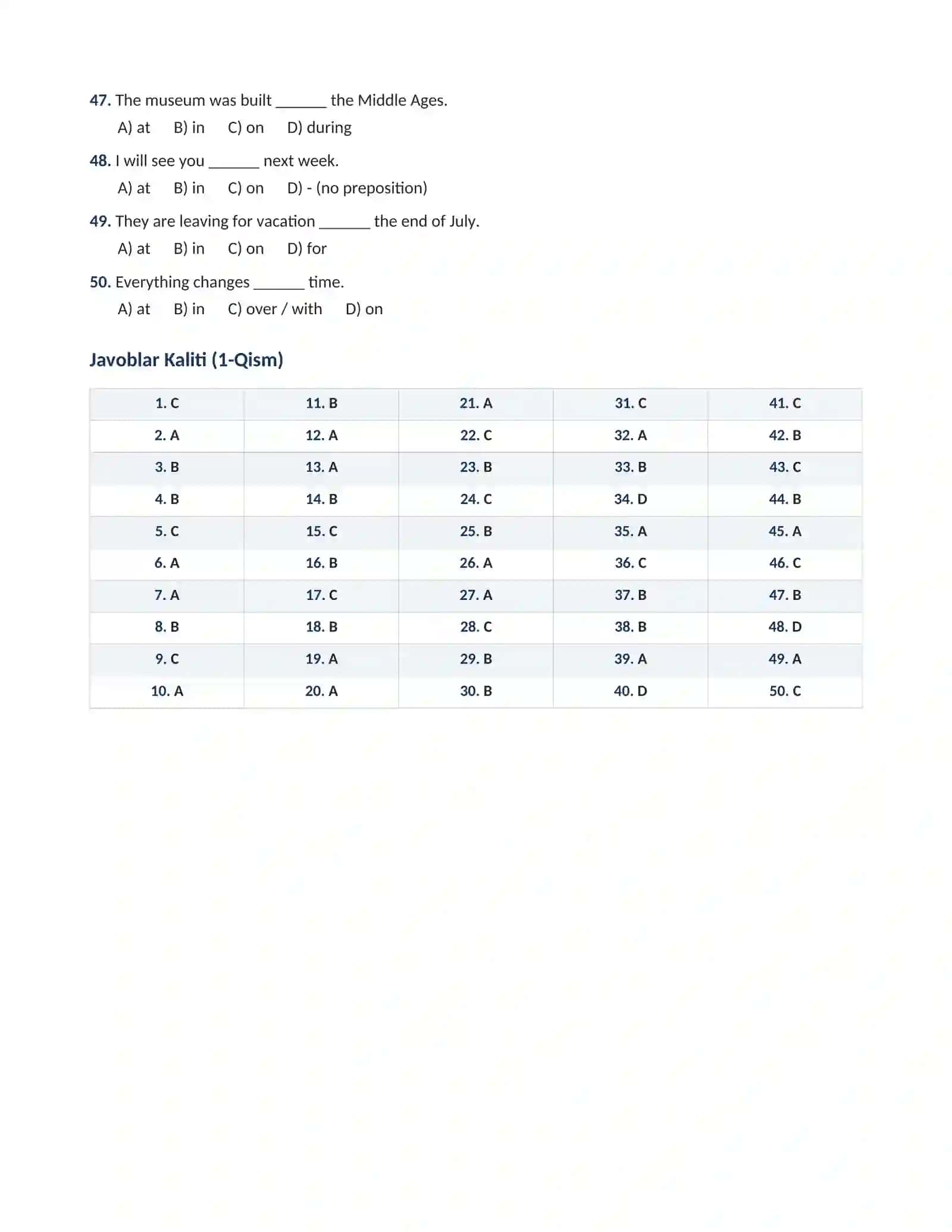 INGLIZ TILI GRAMMATIKASI: PREPOSITIONS OF TIME (VAQT  PREDLOGLARI) 100 talik test javoblari bilan 4