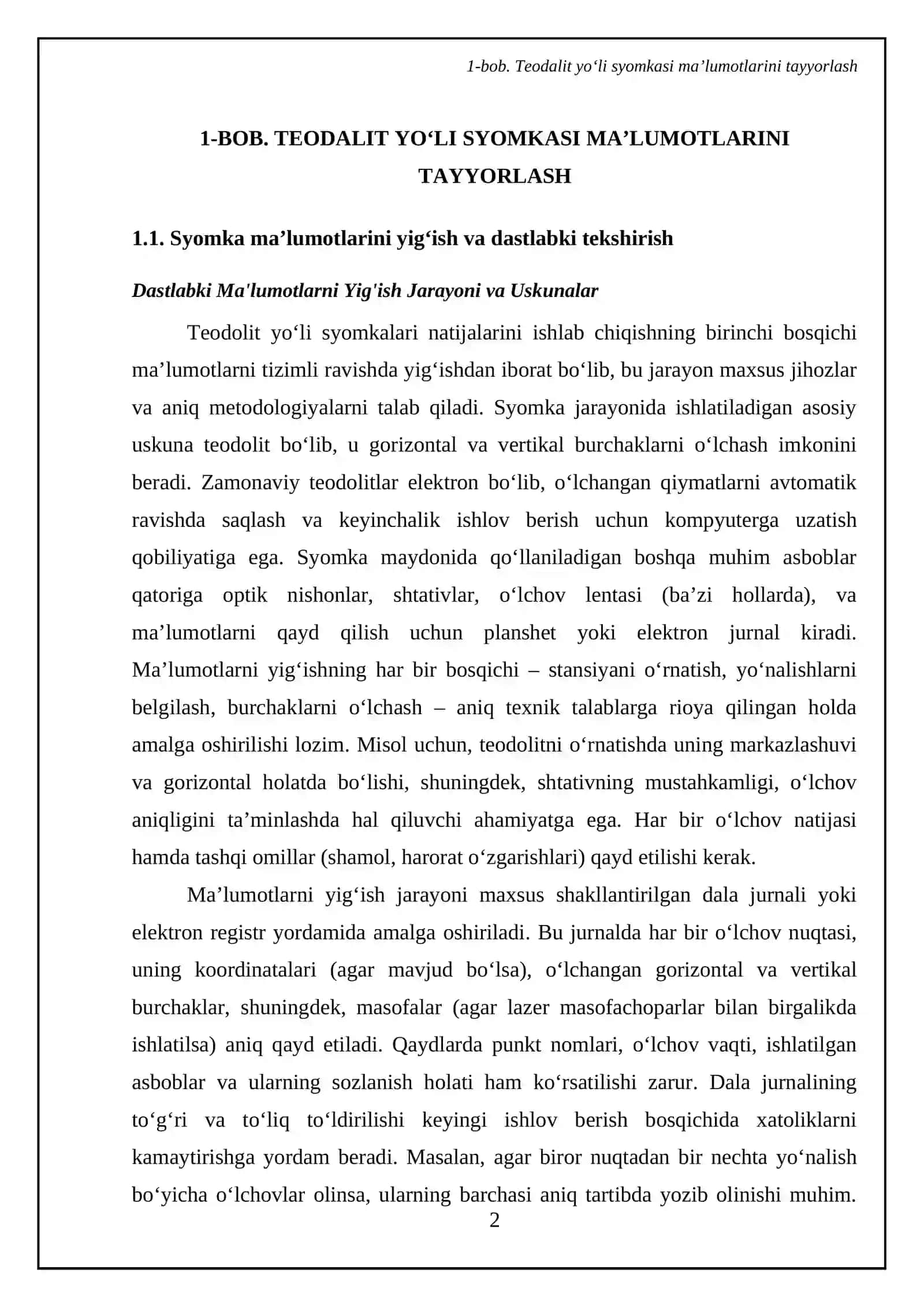 Teodalit yoʻli syomkalari natijalarini ishlab chiqish 4