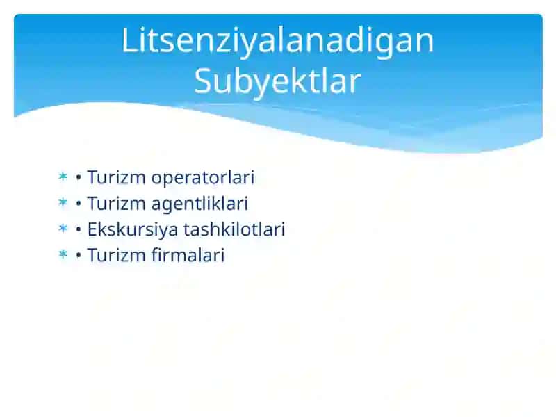 TURIZM XIZMATLARINI LITSENZIYALASHTIRISH, SERTIFIKATLASHTIRISH VASTANDARTLASHTIRISH 4