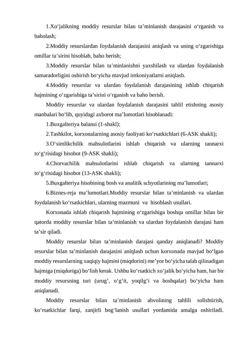 MODDIY RESURLAR BILAN  TAMINLANGANLIK VA ULARDAN FOYDALANISH SAMARADORLIGINI XARAKTERLOVCHI KO'RSATKICHLAR TAHLILI 4