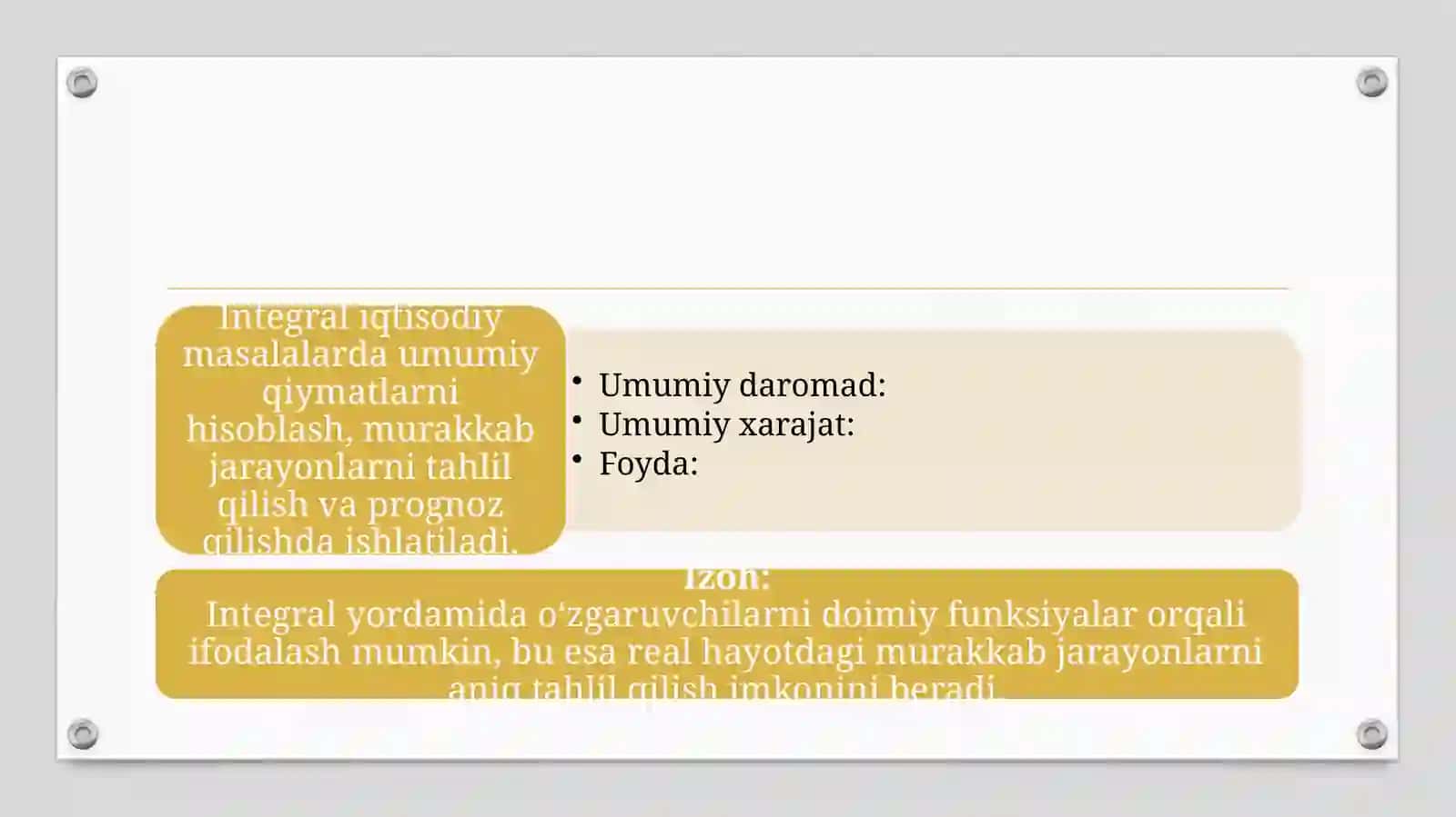 Kasbiymazmunli masala va uning turlari. Iqtisodiy masalalarni yechimini izlashda integralning o'rni 4