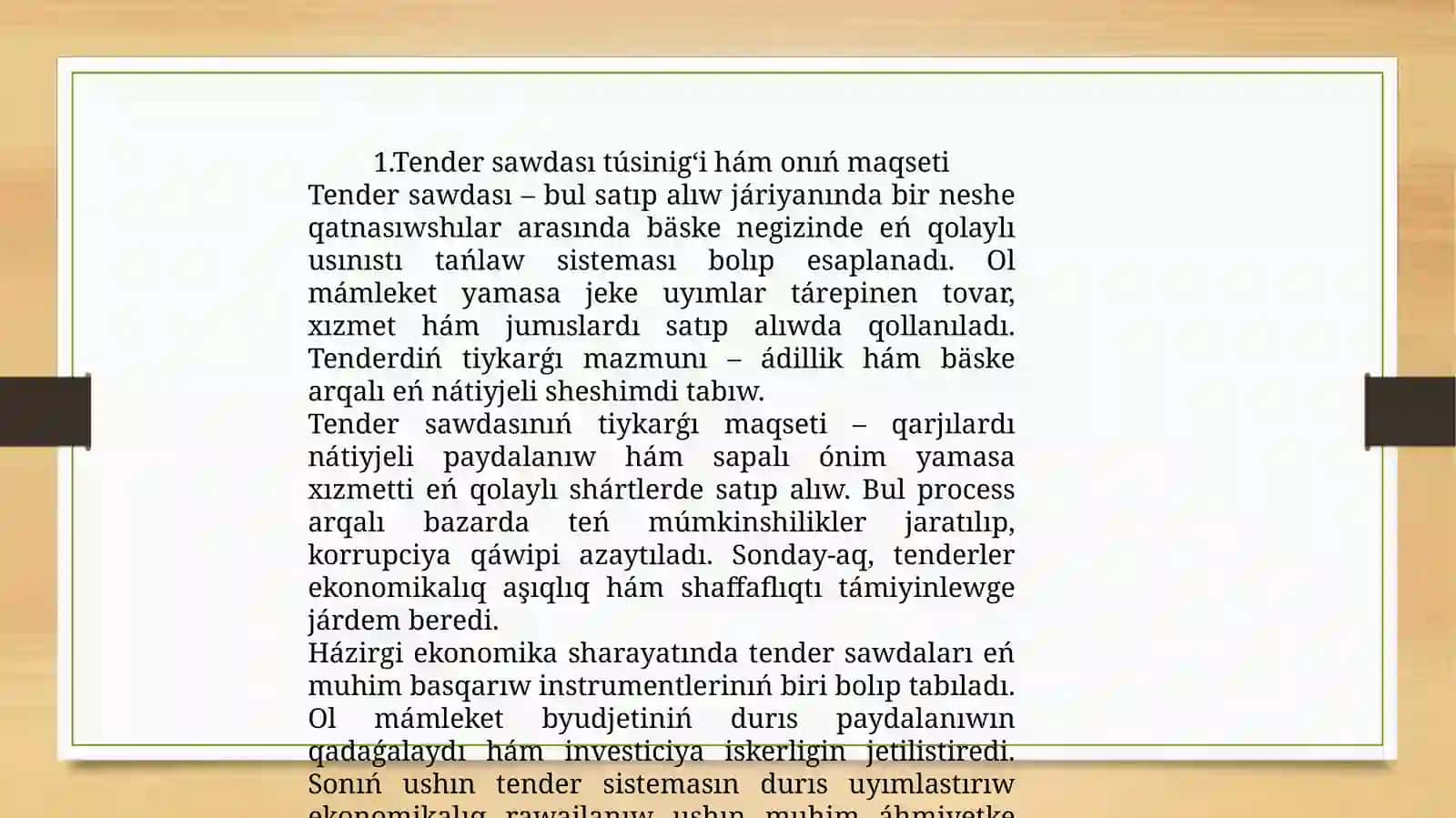 Tender sawdaların shólkemlestiriw hám satıp alıwdı ámelge asırıw 4