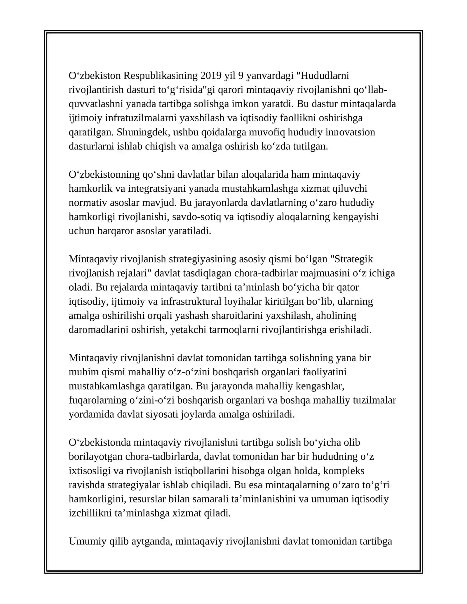 MINTAQAVIY RIVOJLANISHNI DAVLAT TOMONIDAN TARTIBGA SOLISH 4