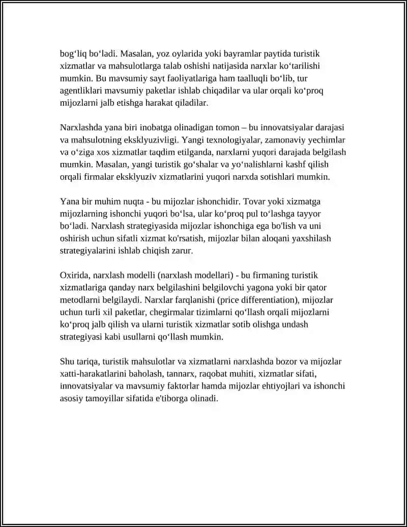 TURISTIK MAHSULOTLAR VA XIZMATLARNI NARXLASH STRATEGIYALARI 4