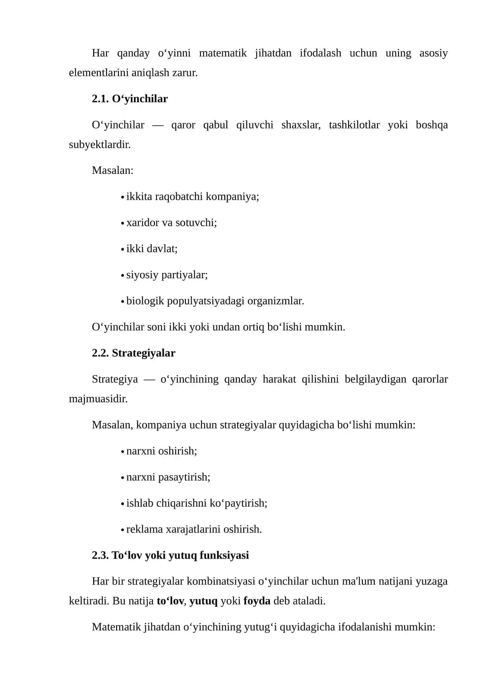 Nokooperativ o‘yinlar. O‘yinlarning tabiiy evolyutsiyasi 4
